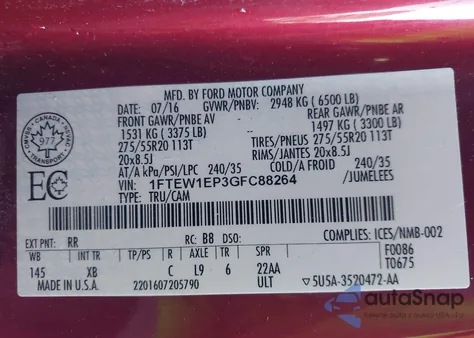 2016 Ford F-150 Xlt из США, поврежденный, VIN 1FTEW1EP3GFC88264